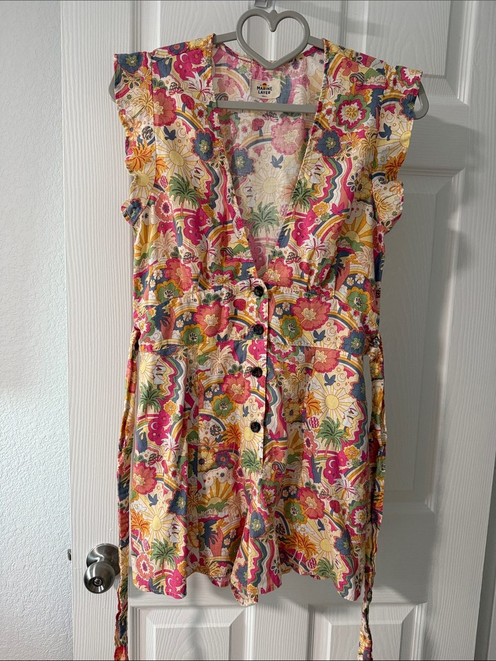 Marine Layer Bright Floral Tie-Waist V-Neck Short Romper in Pink, Yellow & Blue